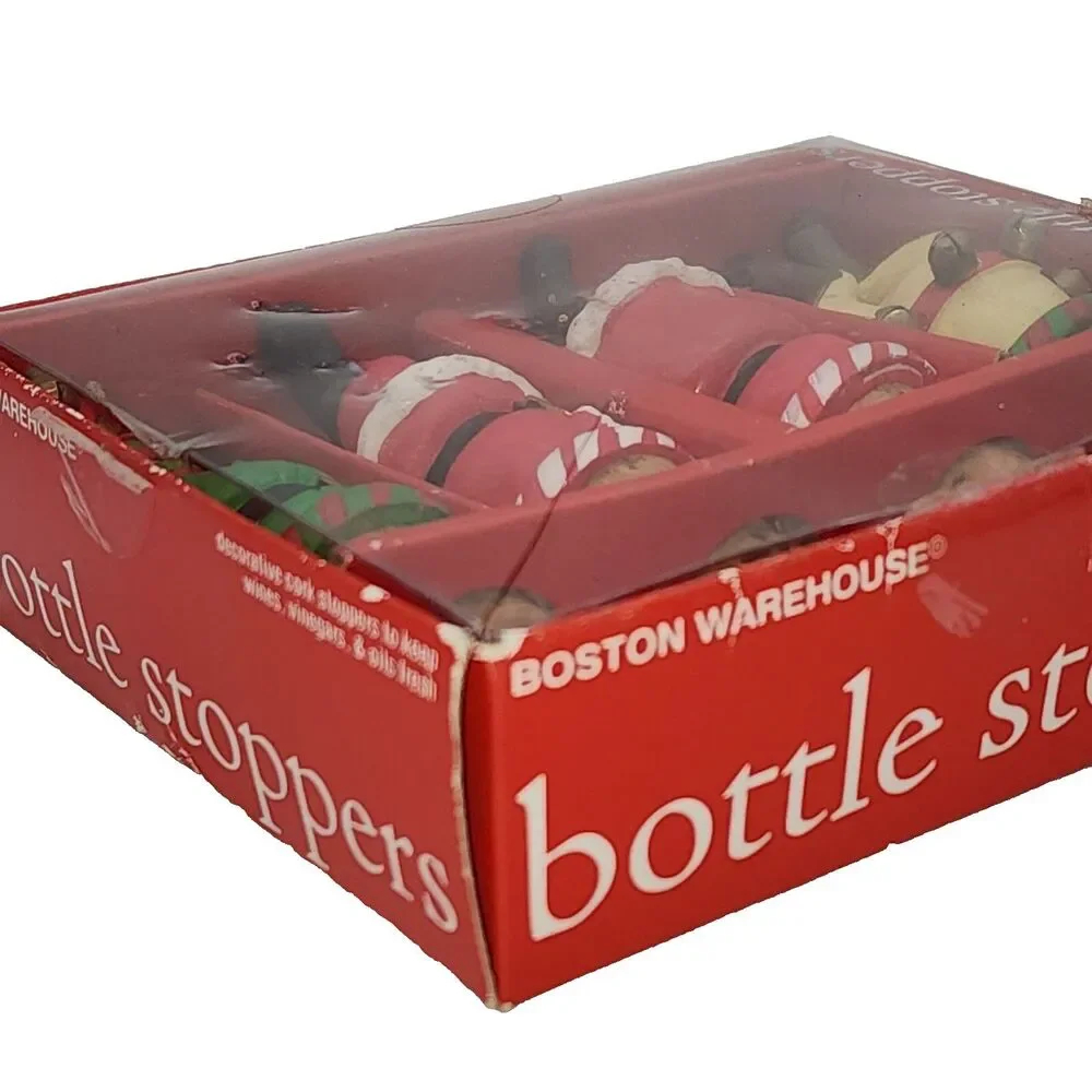 Set of 4 Boston Warehouse Cork Bottle Stoppers Christmas Holiday Santa Elf